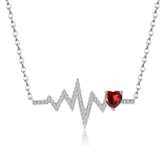 Natural Red Garnet Heartbeat Love Pendant Necklace-Black Diamonds New York