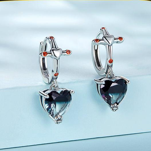 Neo-Gothic Heart & Cross Hoop Earrings-Black Diamonds New York