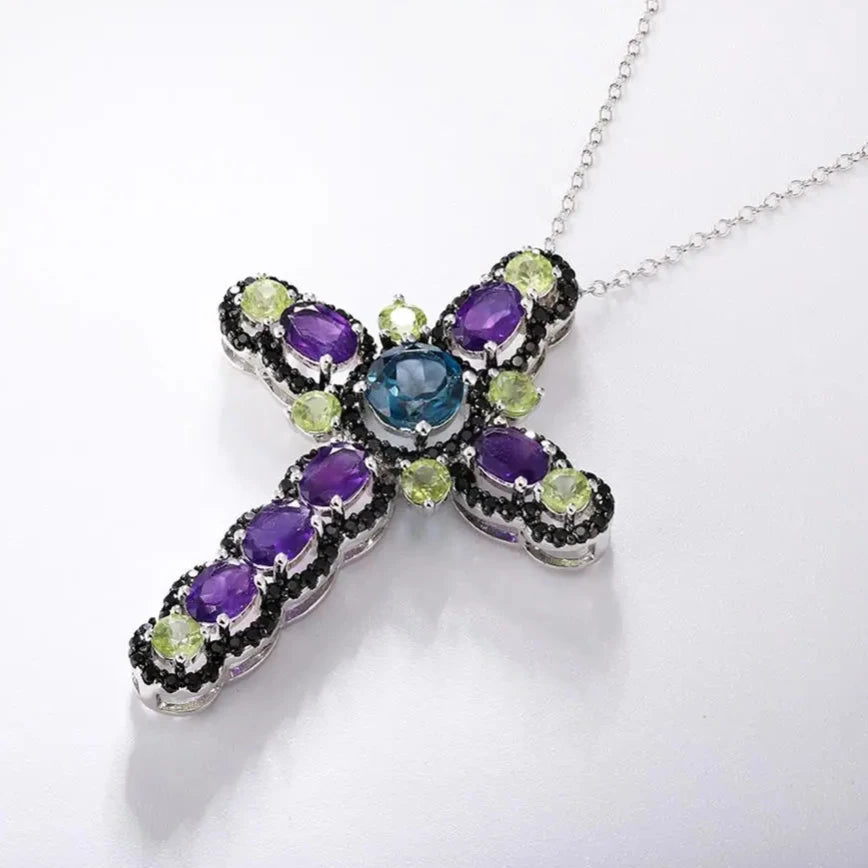 Mystical Multi-gems Cross Pendant Necklace-Black Diamonds New York