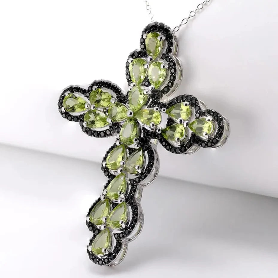 Pear-cut Peridot with Black Spinel Cross Pendant Necklace-Black Diamonds New York