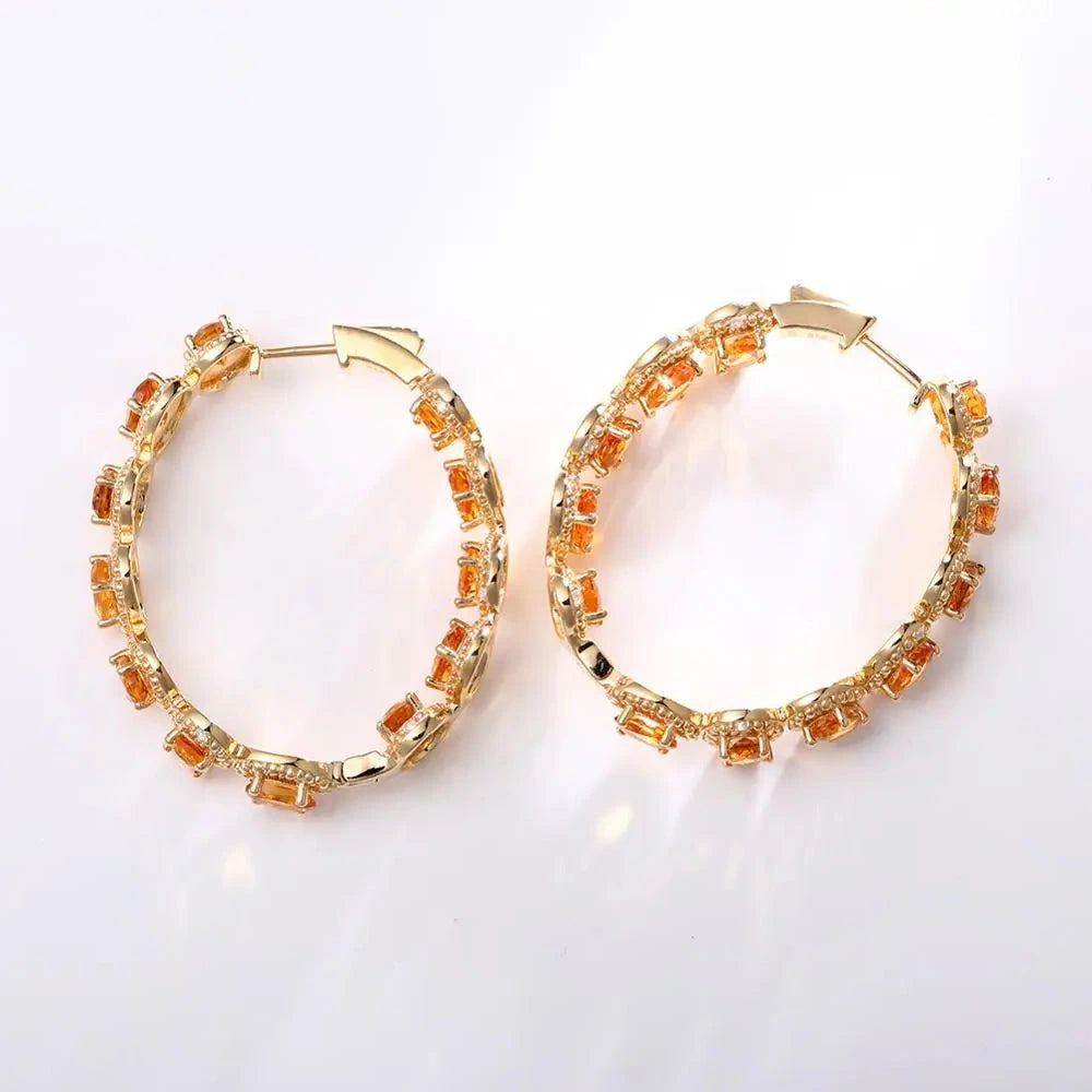 Oval-cut Natural Citrine Gemstone Vintage Hoop Earrings-Black Diamonds New York