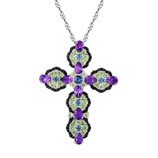 Natural Topaz and Amethyst Gemstone Cross Pendant Necklace-Black Diamonds New York