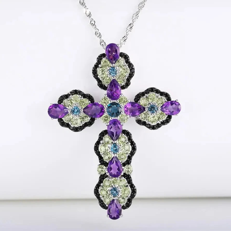 Natural Topaz and Amethyst Gemstone Cross Pendant Necklace-Black Diamonds New York