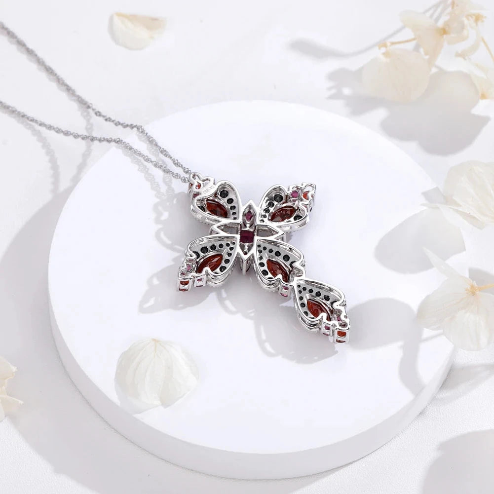 Created Rhodolite Garnet & Black Spinel Cross Bohemian Pendant Necklace-Black Diamonds New York