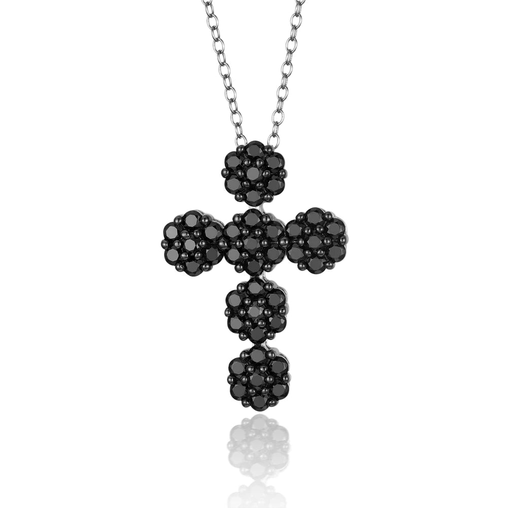 Round-cut Natural Black Spinel Cross Goth Necklace-Black Diamonds New York