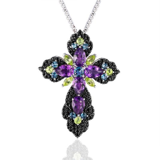 Bohemian Natural Multicolor Natural Gemstones Cross Necklace-Black Diamonds New York