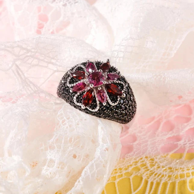 Marquise-cut Natural Rhodolite Garnet Bohemian Ring-Black Diamonds New York