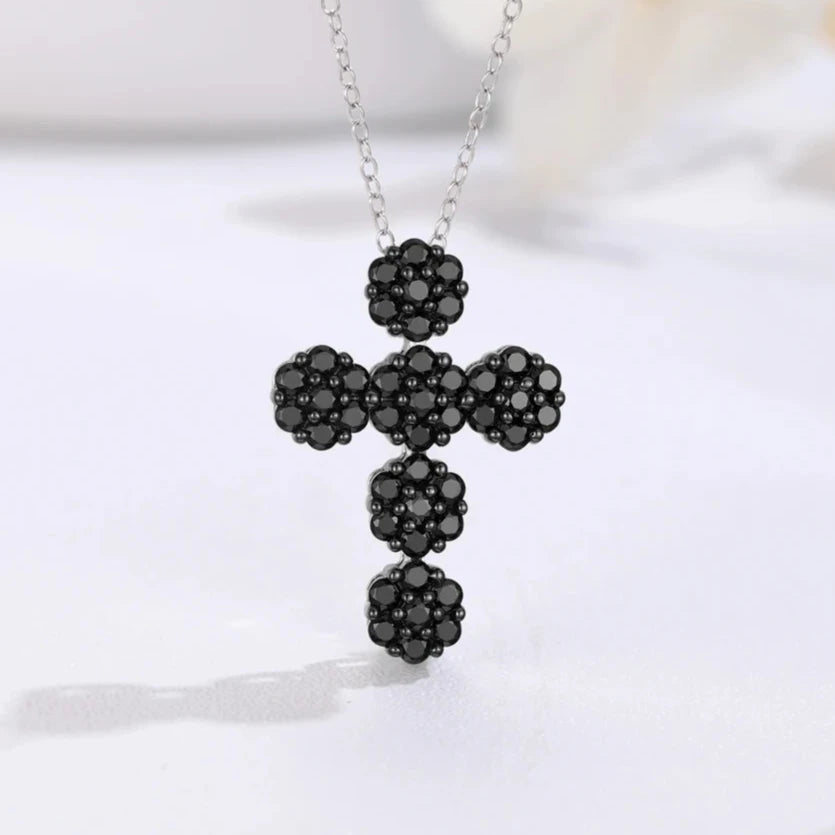 Round-cut Natural Black Spinel Cross Goth Necklace-Black Diamonds New York