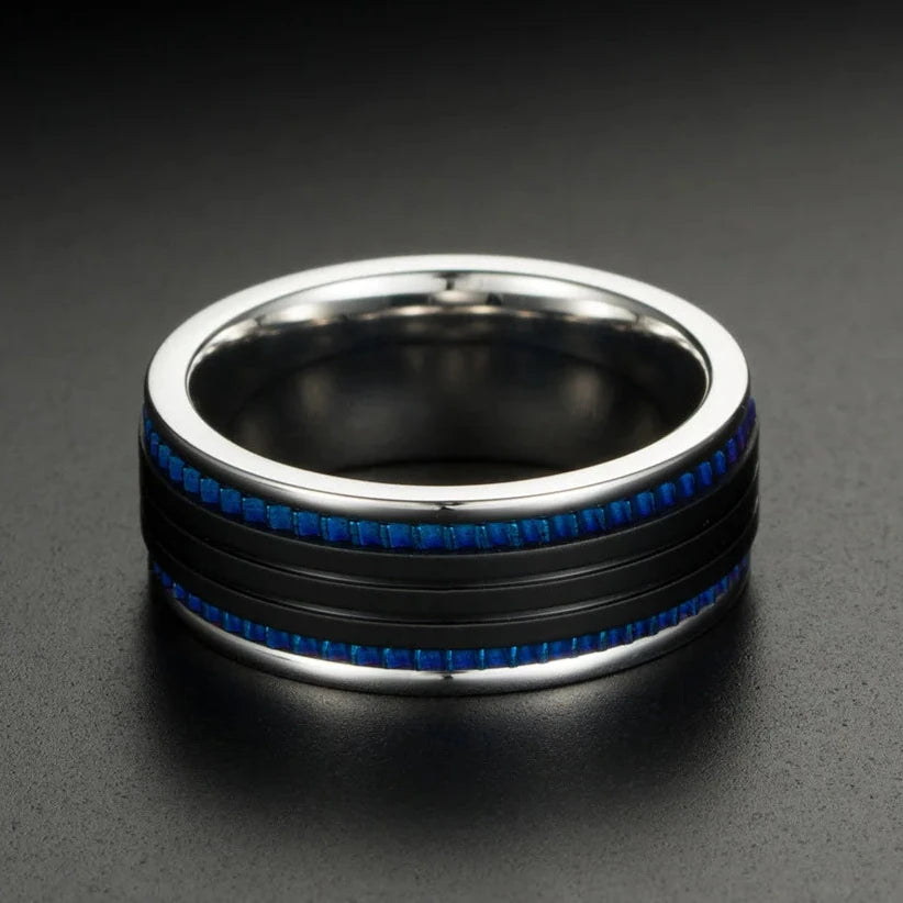 Black Space with Blue Inlay Titanium Steel Ring-Black Diamonds New York