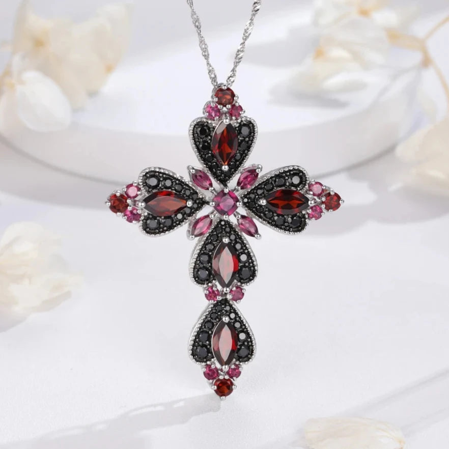 Created Rhodolite Garnet & Black Spinel Cross Bohemian Pendant Necklace-Black Diamonds New York