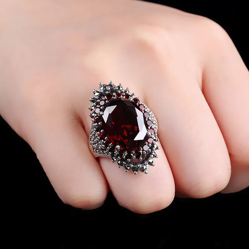 Classic Oval-cut Red Garnet Ring-Black Diamonds New York