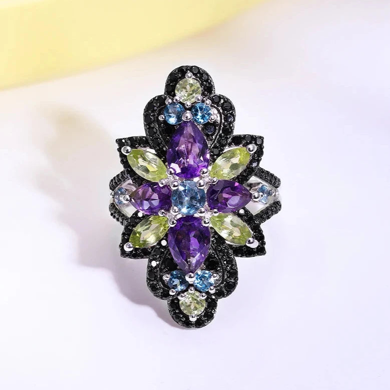 Unique Multicolor Created Gemstones Black Vintage Ring-Black Diamonds New York