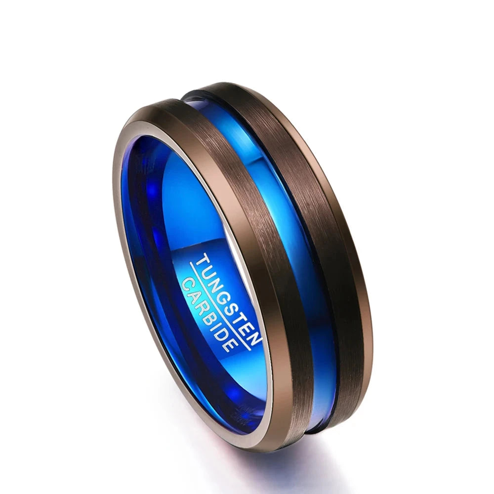 Matte Brown with Blue Groove Tungsten Carbide Ring-Black Diamonds New York