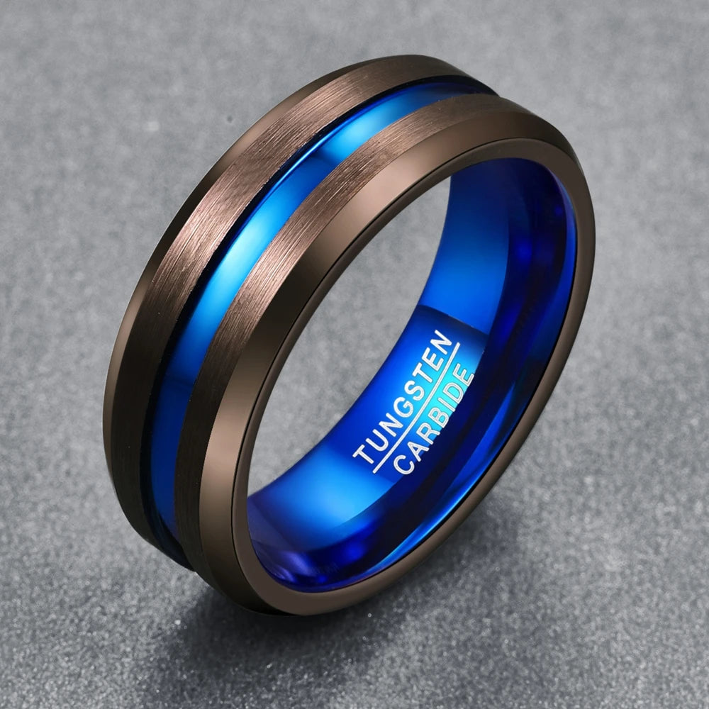 Matte Brown with Blue Groove Tungsten Carbide Ring-Black Diamonds New York