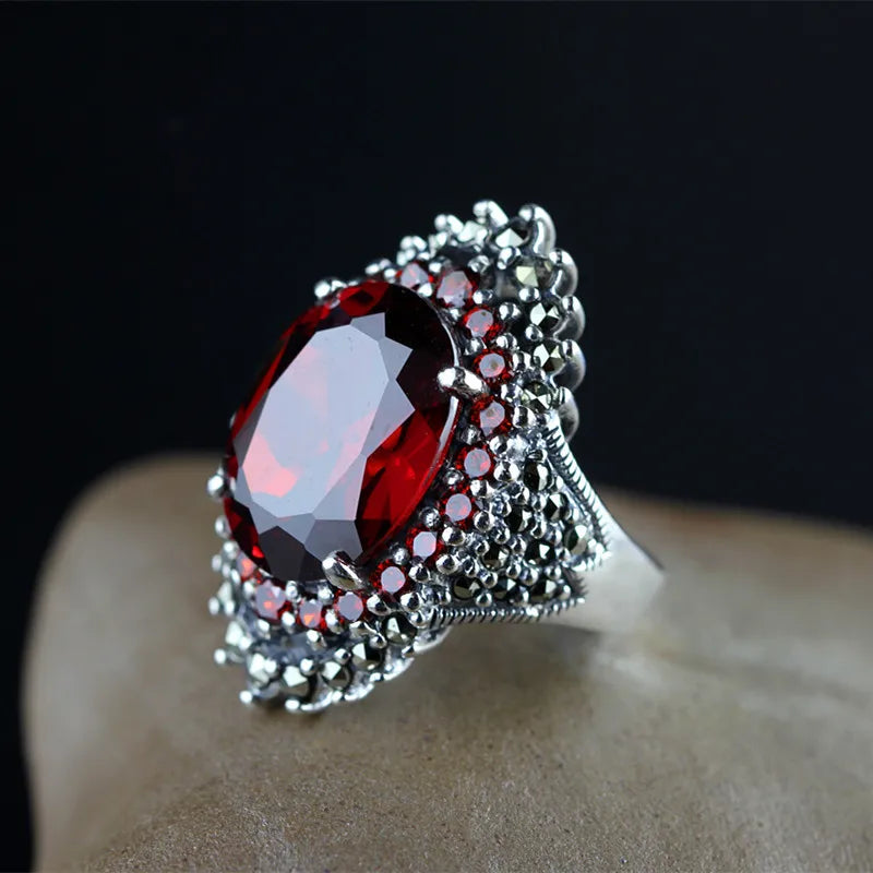 Classic Oval-cut Red Garnet Ring-Black Diamonds New York