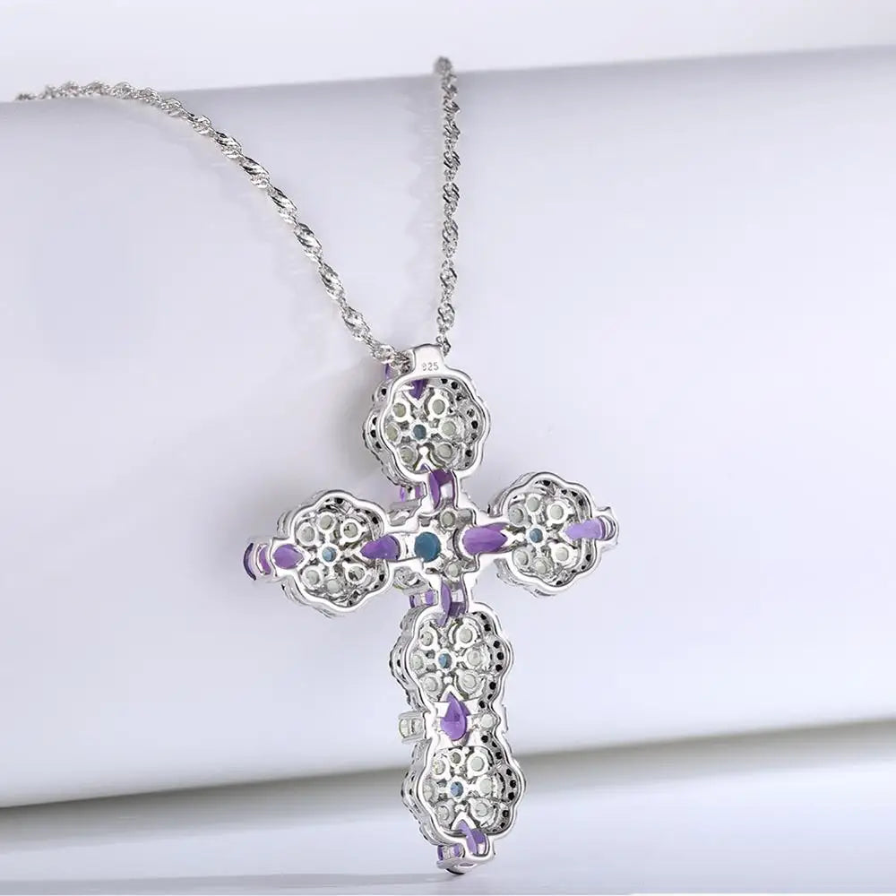 Natural Topaz and Amethyst Gemstone Cross Pendant Necklace-Black Diamonds New York