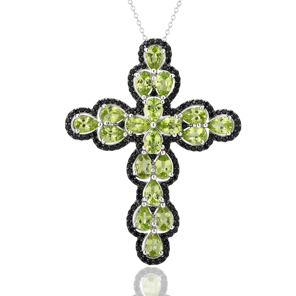 Pear-cut Peridot with Black Spinel Cross Pendant Necklace-Black Diamonds New York