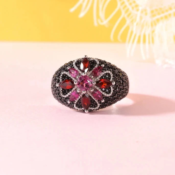 Marquise-cut Natural Rhodolite Garnet Bohemian Ring-Black Diamonds New York