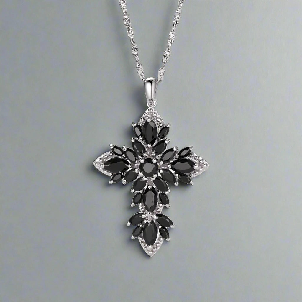 Marquise-cut Natural Black Spinel Spiky Cross Necklace-Black Diamonds New York