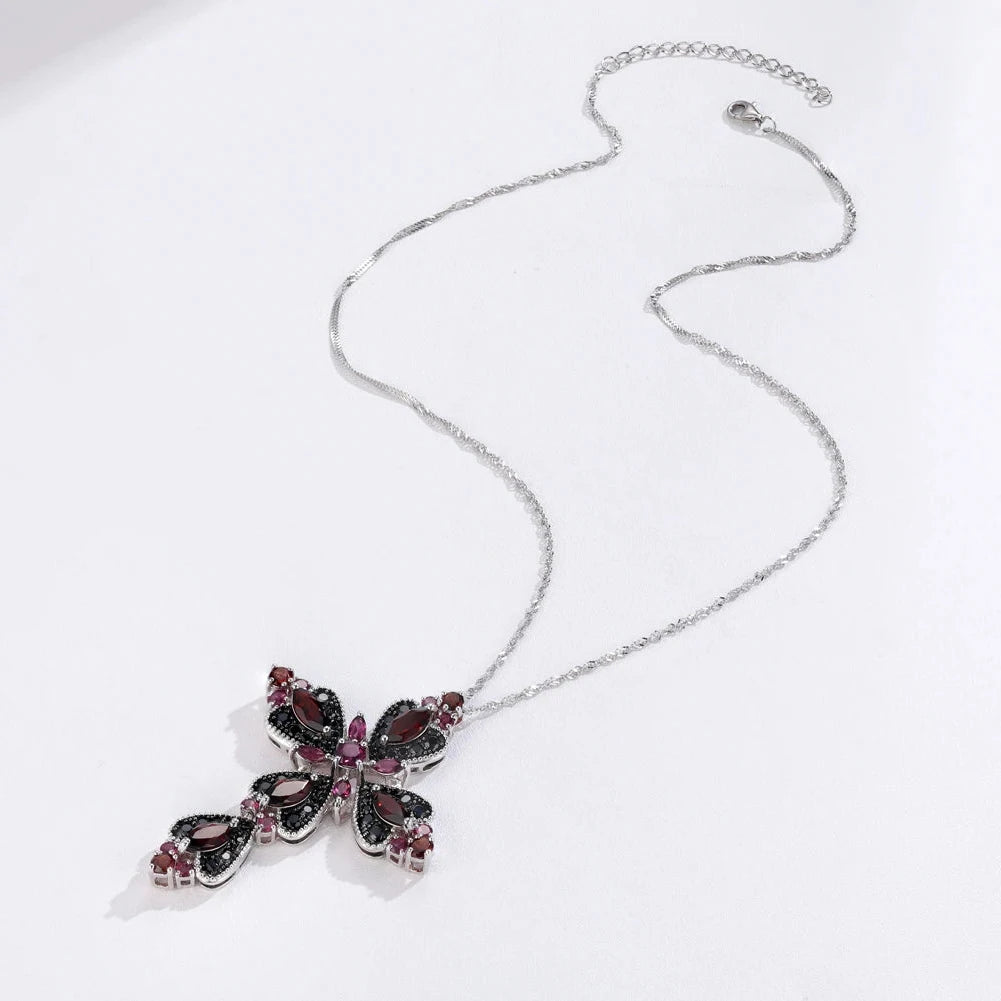 Created Rhodolite Garnet & Black Spinel Cross Bohemian Pendant Necklace-Black Diamonds New York