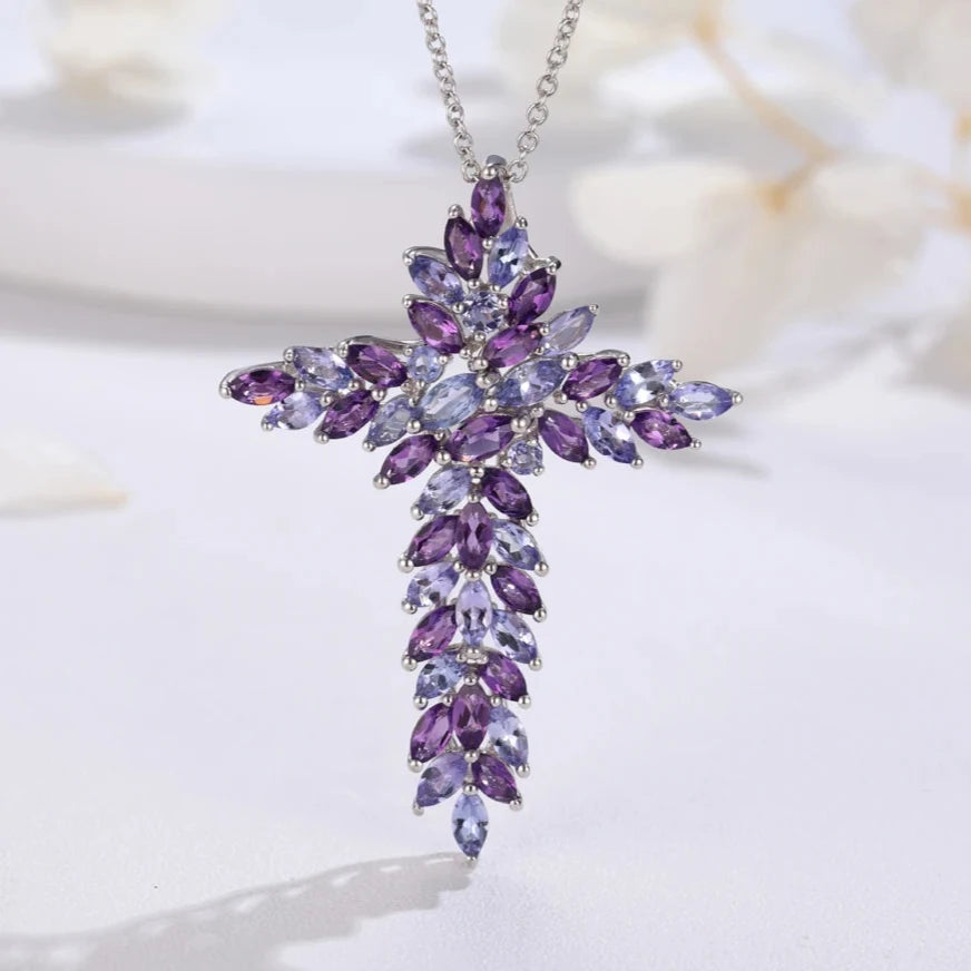 Elegant Amethyst and Tanzanite Marquise-Cut Cross Pendant Necklace-Black Diamonds New York