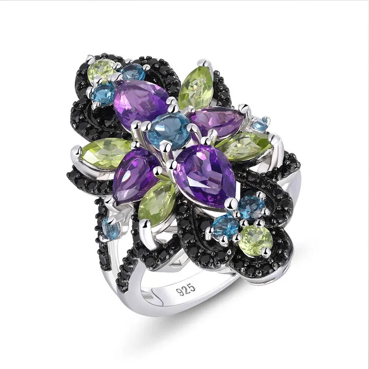 Unique Multicolor Created Gemstones Black Vintage Ring-Black Diamonds New York