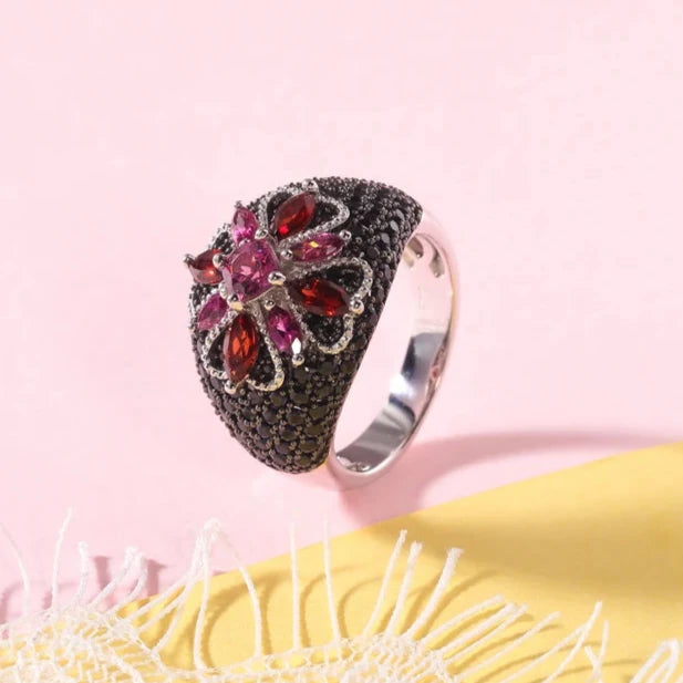 Marquise-cut Natural Rhodolite Garnet Bohemian Ring-Black Diamonds New York