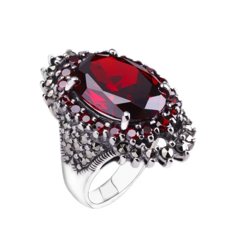 Classic Oval-cut Red Garnet Ring-Black Diamonds New York