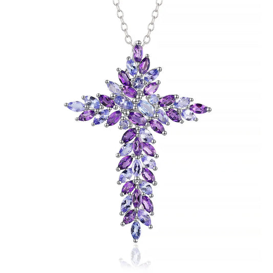 Elegant Amethyst and Tanzanite Marquise-Cut Cross Pendant Necklace-Black Diamonds New York