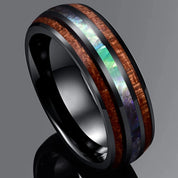 Koa Wood and Abalone Shell Inlay Tungsten Carbide Men's Ring-Black Diamonds New York