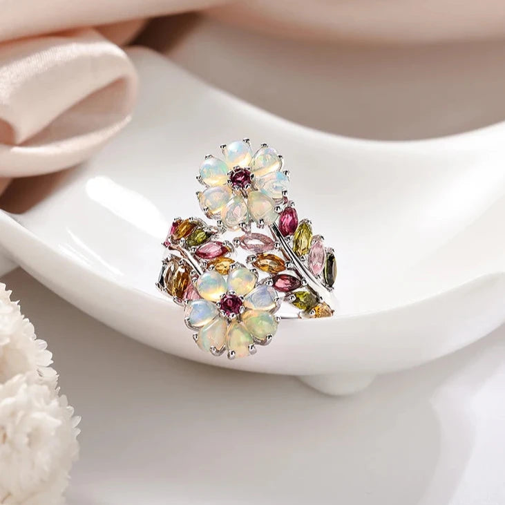 Natural Opal & Tourmaline Gemstone Flower Ring-Black Diamonds New York