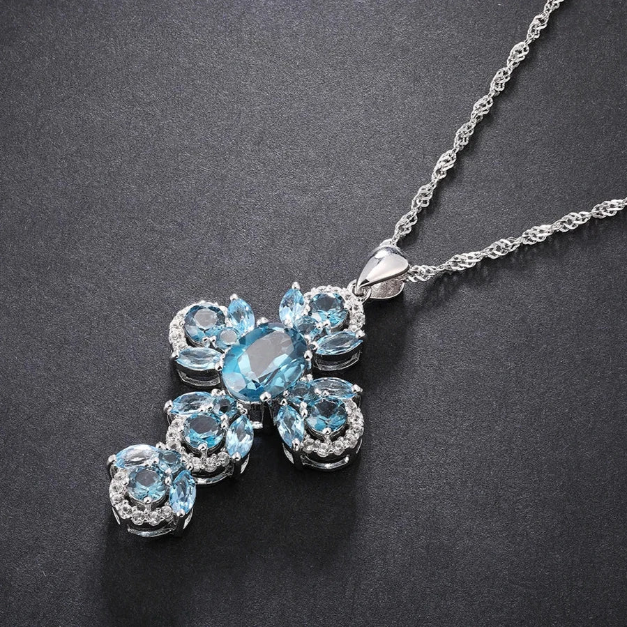 Oval-cut Natural London Blue Topaz Gemstone Cross Necklace-Black Diamonds New York