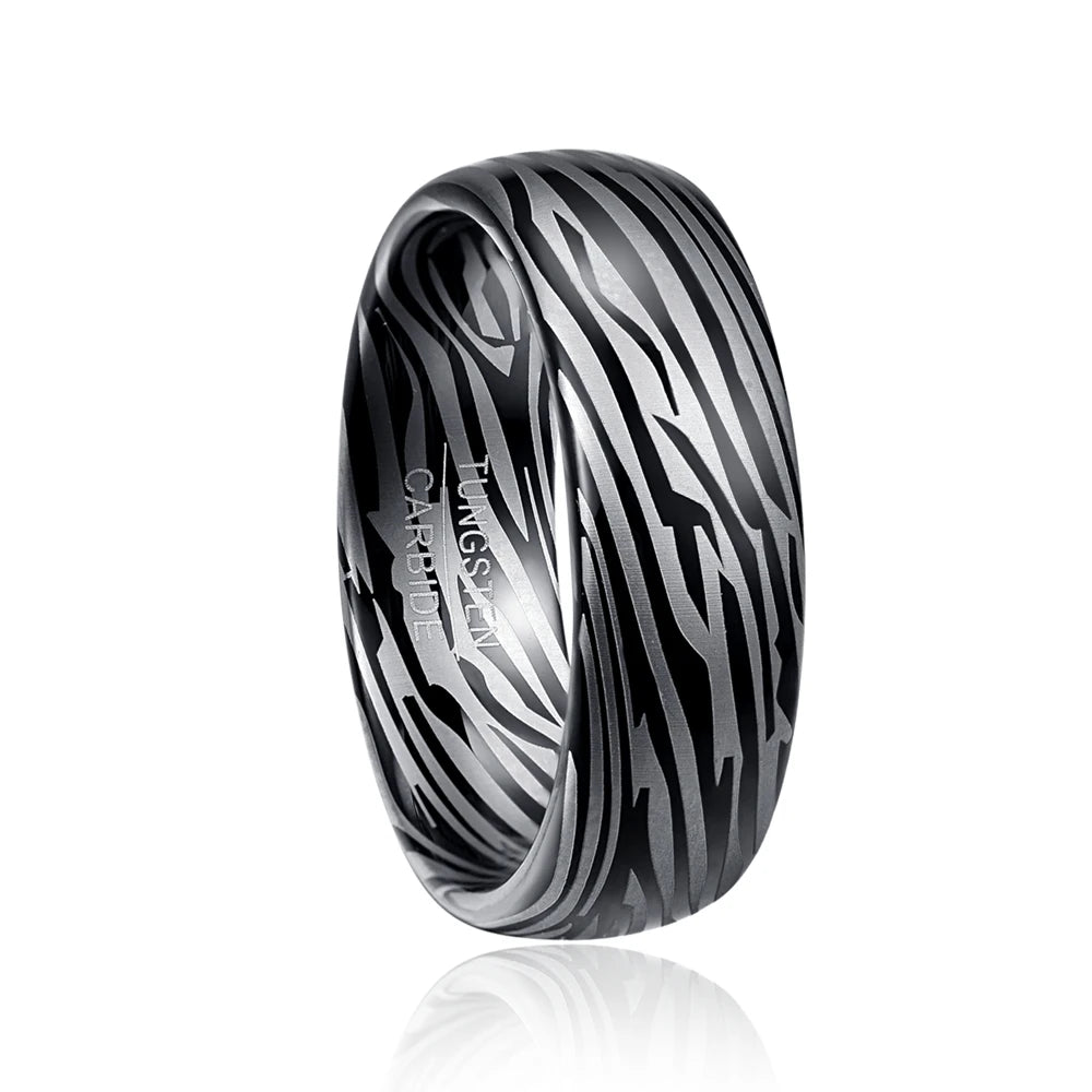 8mm Dome Zebra Pattern Tungsten Carbide Men's Ring-Black Diamonds New York