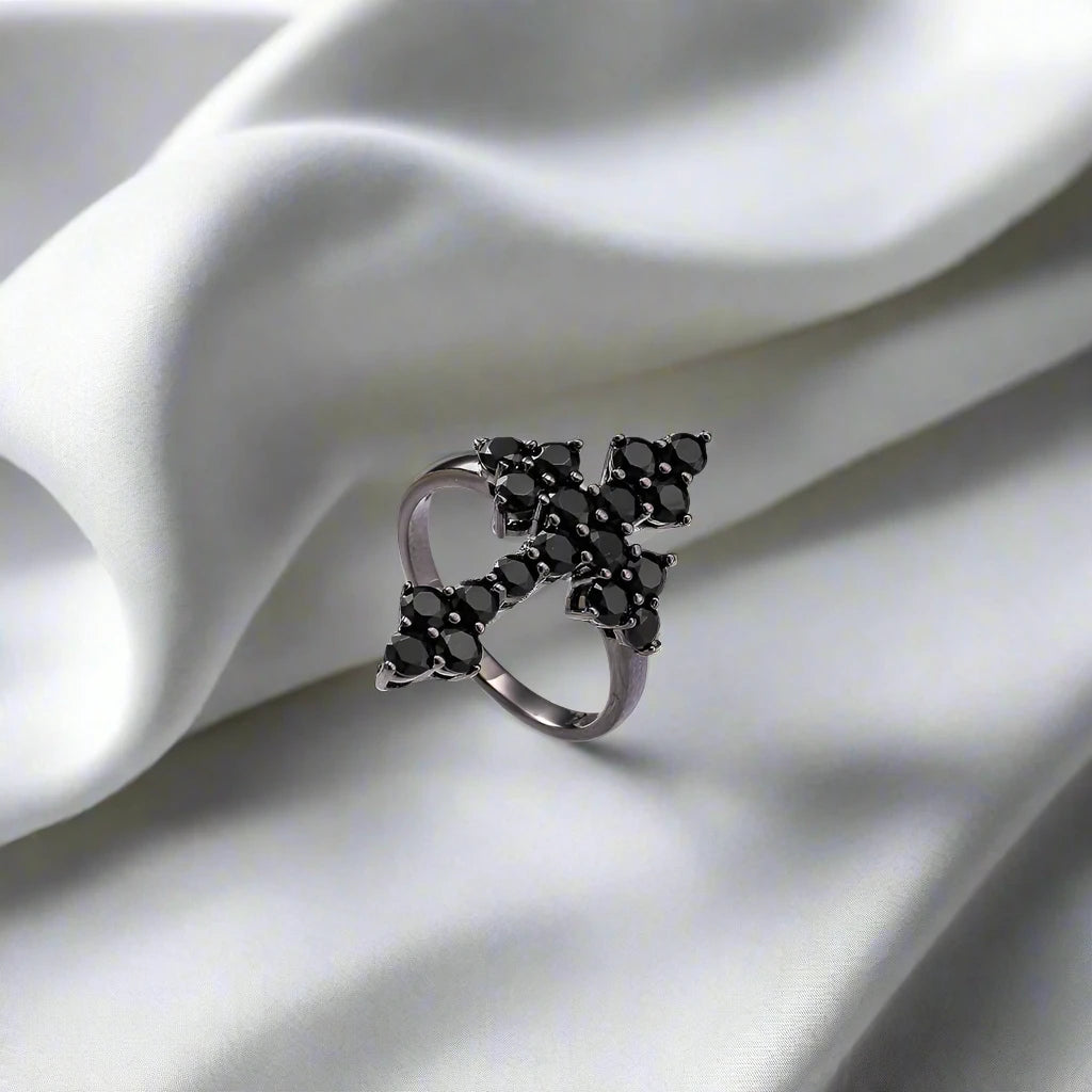 Round-cut Natural Black Spinel Gothic Cross Ring-Black Diamonds New York