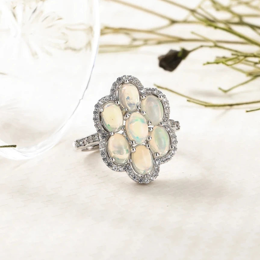 Sparkling Natural Opal Gemstone Halo Ring-Black Diamonds New York