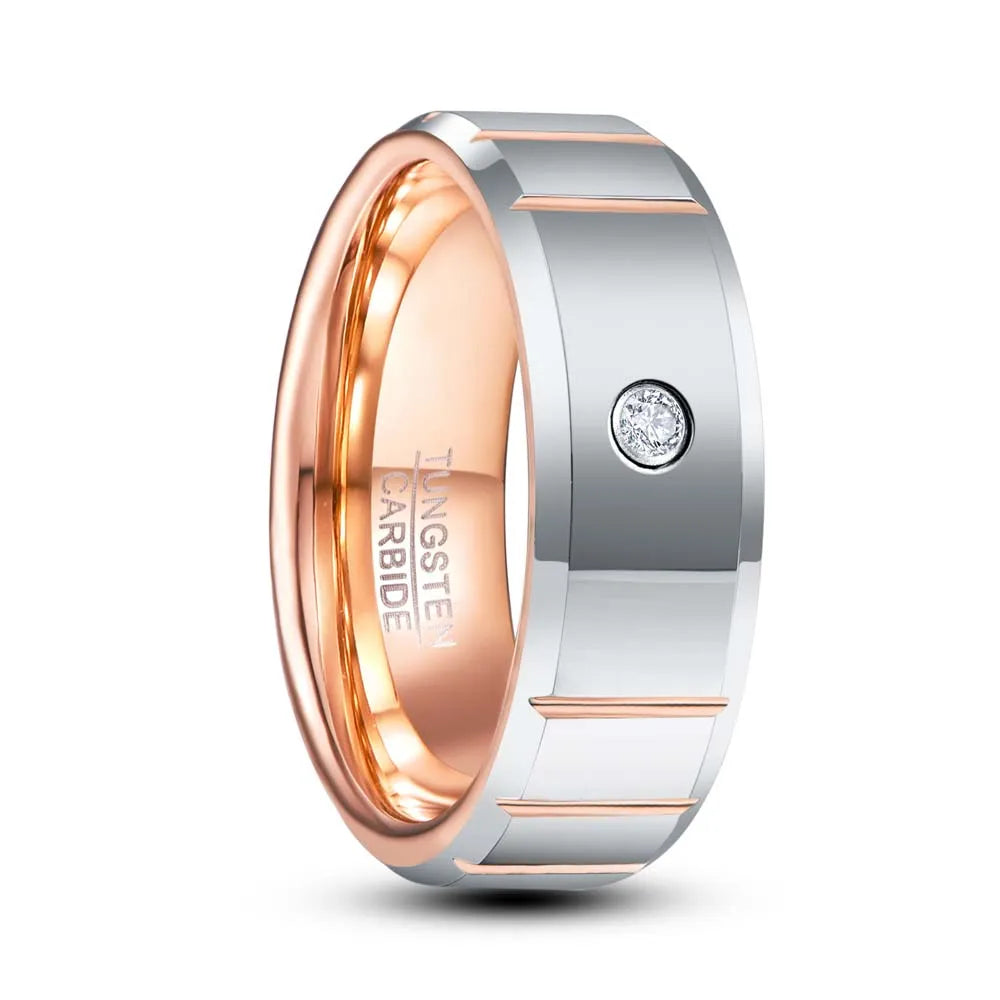 Created Diamond Rose Gold Dome Polished Tungsten Men's Ring-Black Diamonds New York