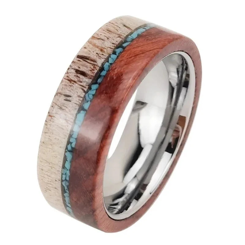 Redwood, Turquoise, and Deer Antler Inlay Tungsten Carbide Men's Ring-Black Diamonds New York