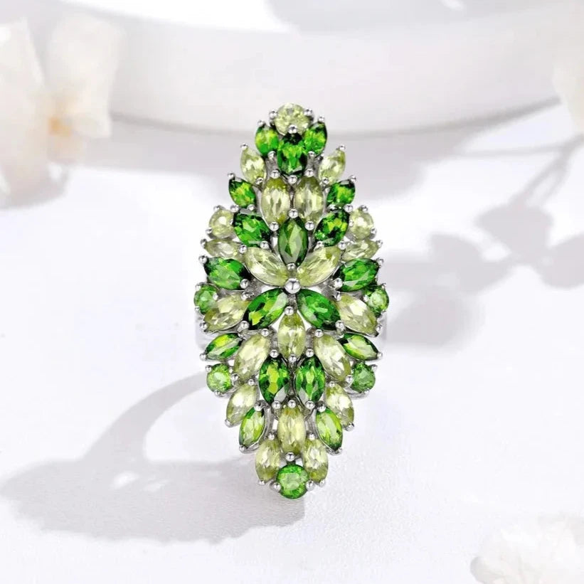 Marquise-cut Created Peridot & Chrome Diopside Flower Pattern Ring-Black Diamonds New York