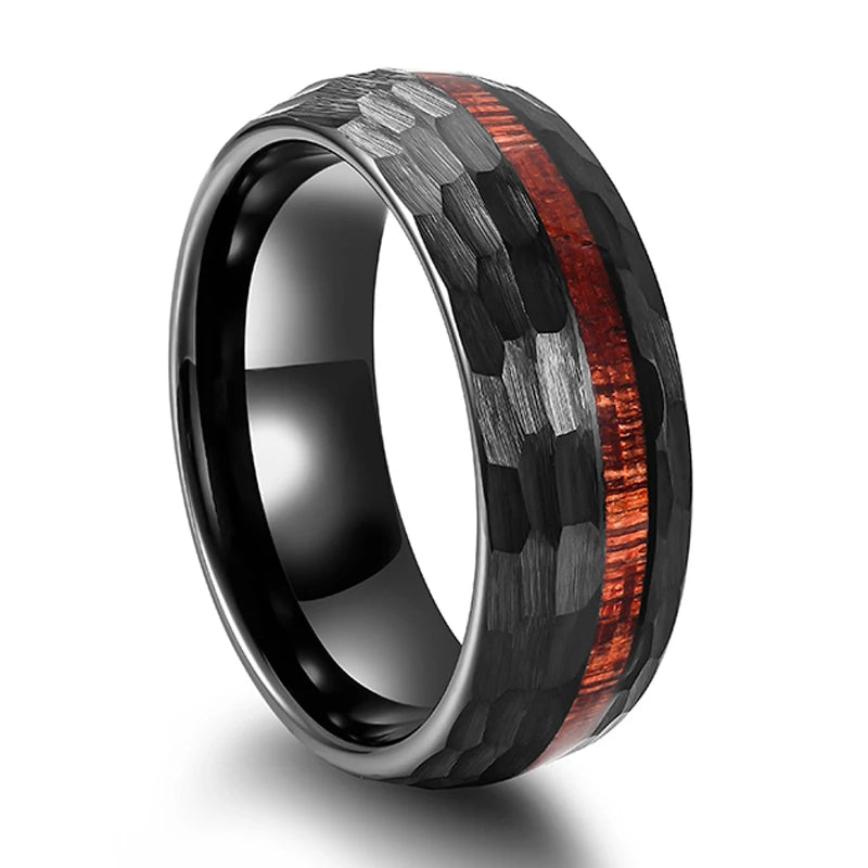 8mm Grooved Hammered Black Tungsten Carbide Men's Rings with Wood Inlay-Black Diamonds New York