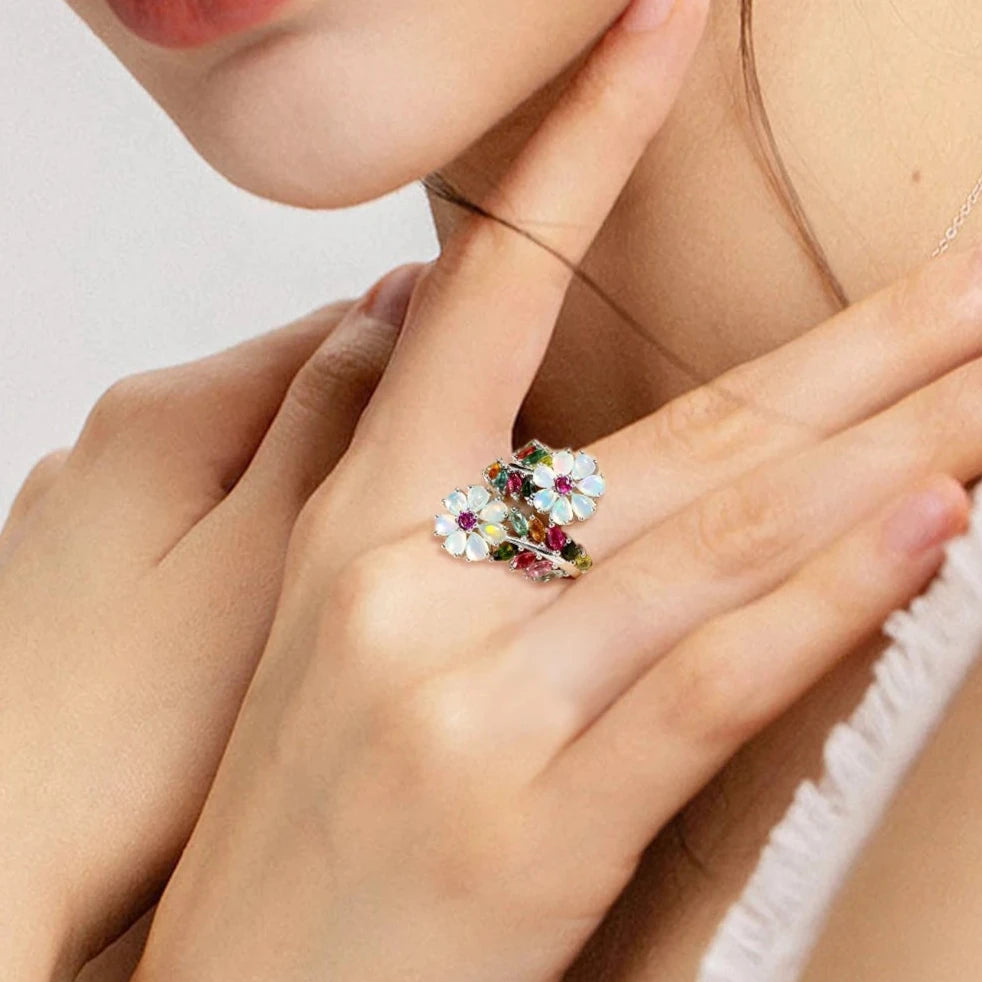 Natural Opal & Tourmaline Gemstone Flower Ring-Black Diamonds New York