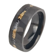 Meteorite Chip Gold Foil Inlay Hammer Tungsten Carbide Men's Ring-Black Diamonds New York