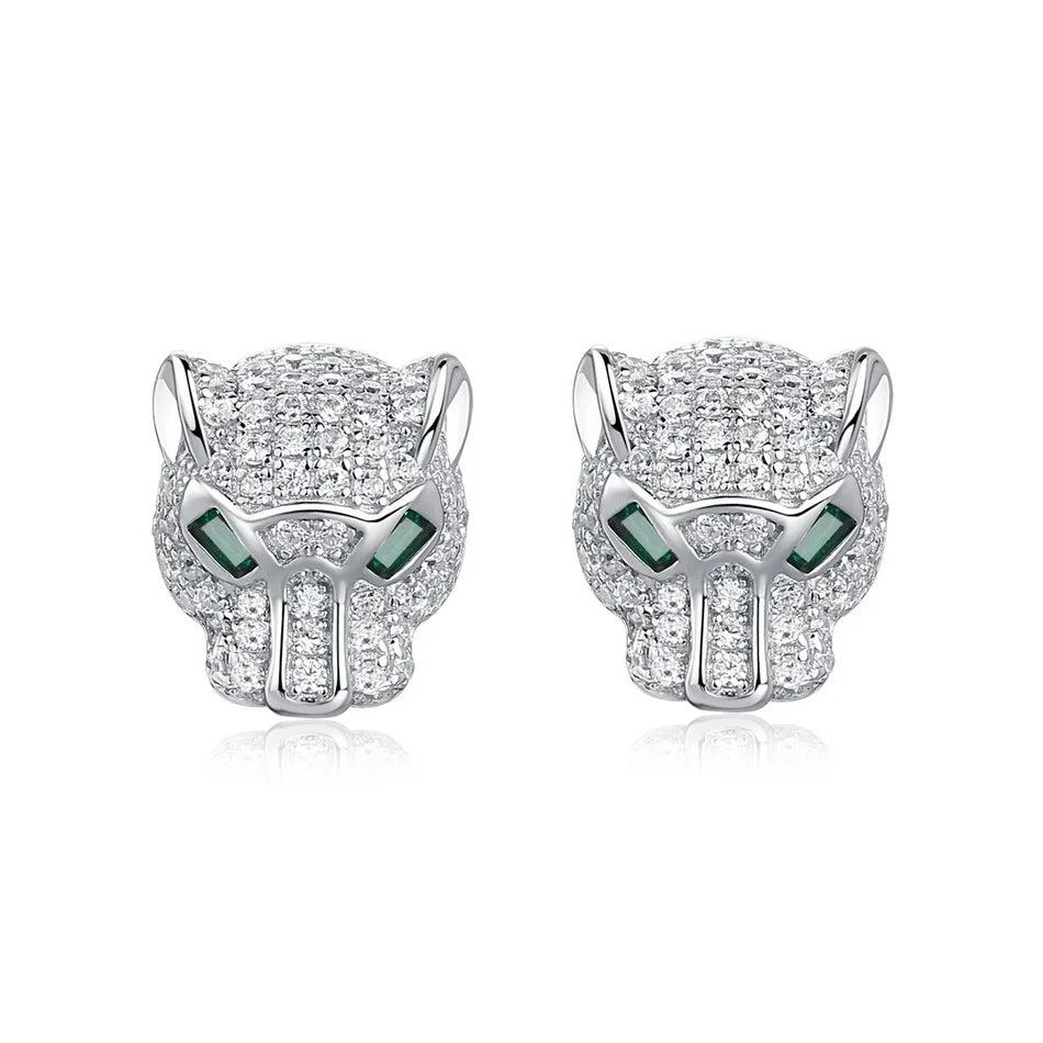 Hollow Leopard Head Created Diamond Earrings-Black Diamonds New York