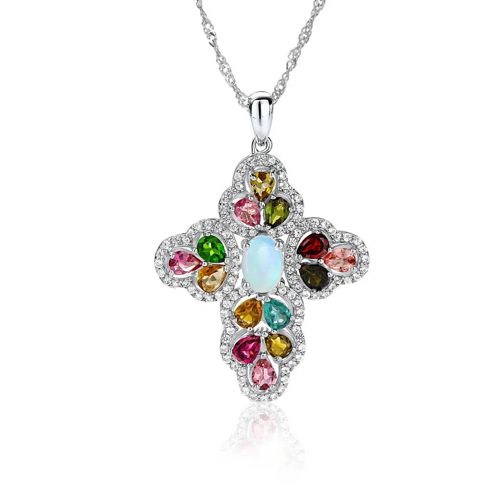 Oval cut Created Opal & Multi Gemstones Cross Pendant Necklace-Black Diamonds New York