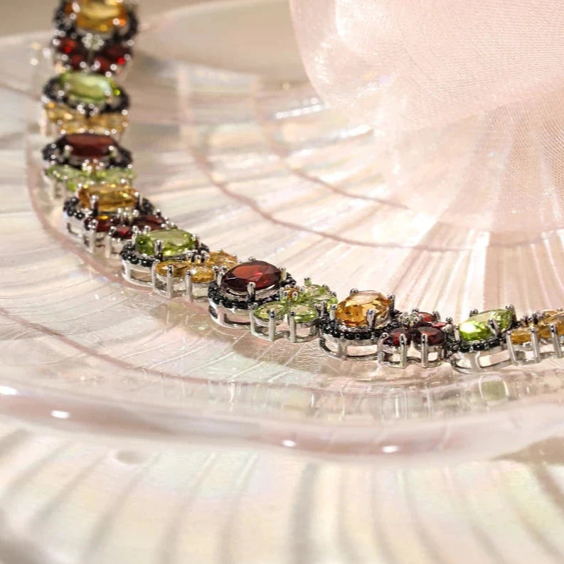 Oval-cut Natural Multi Gemstone Flower Halo Bracelet-Black Diamonds New York