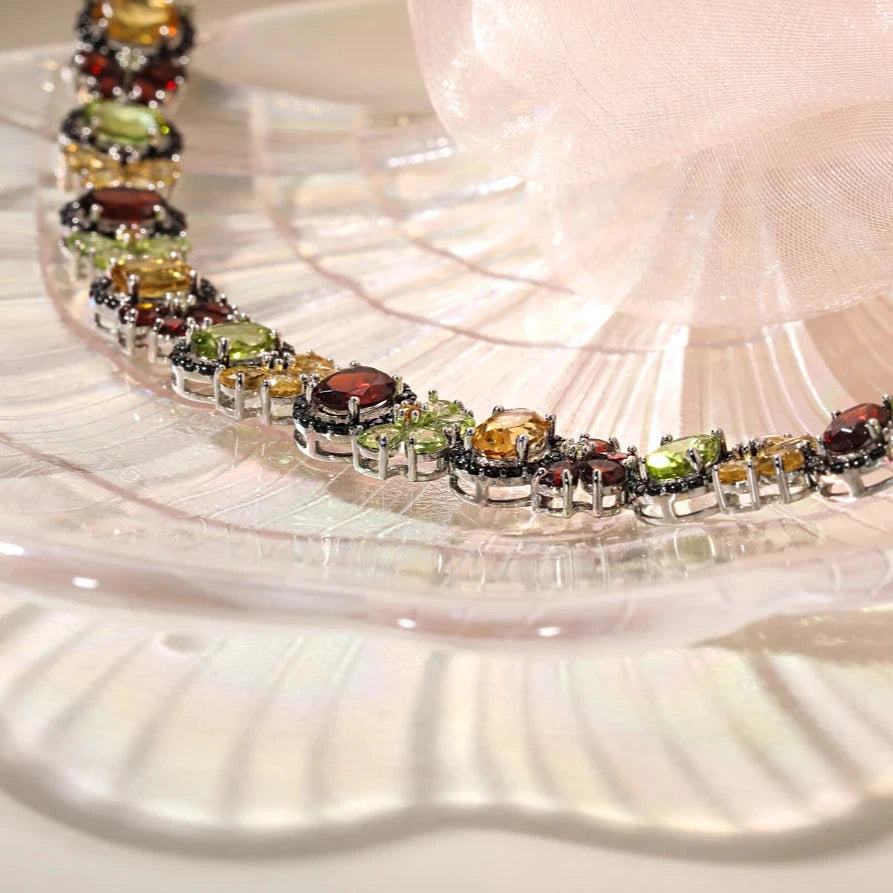 Oval-cut Natural Multi Gemstone Flower Halo Bracelet-Black Diamonds New York