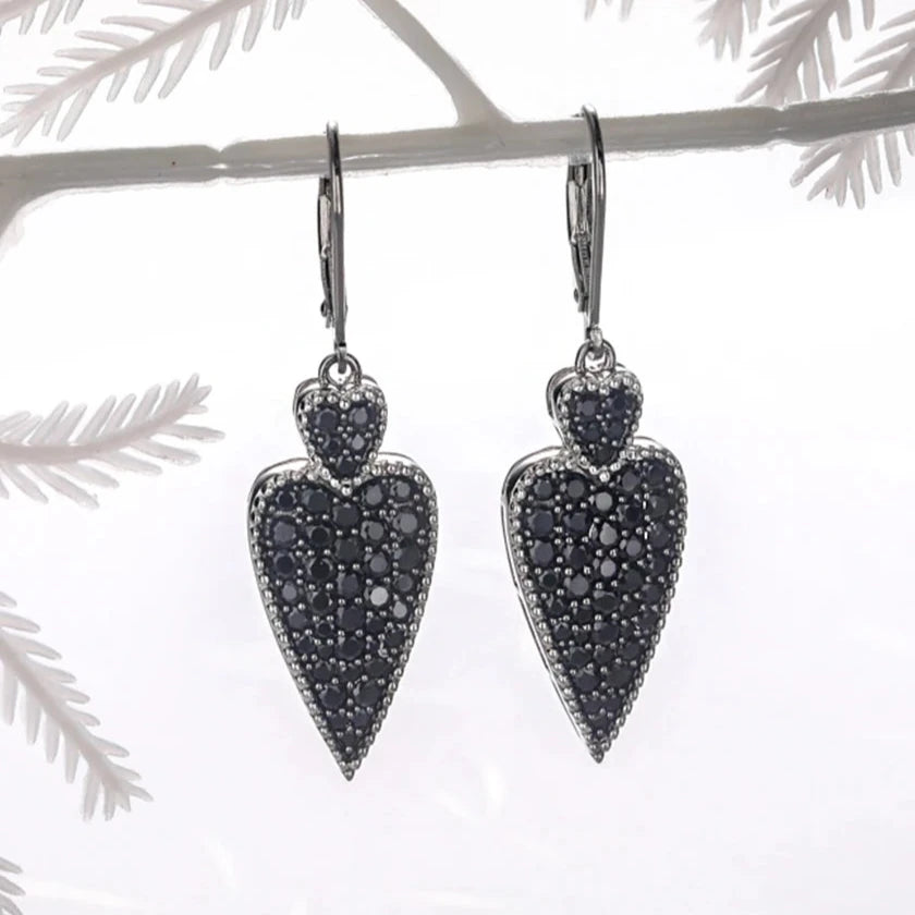 Double Heart 2.50 Ct Natural Black Spinel Drop Earrings-Black Diamonds New York