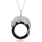 Created Diamond Leopard Pendant Black Circle Necklace-Black Diamonds New York