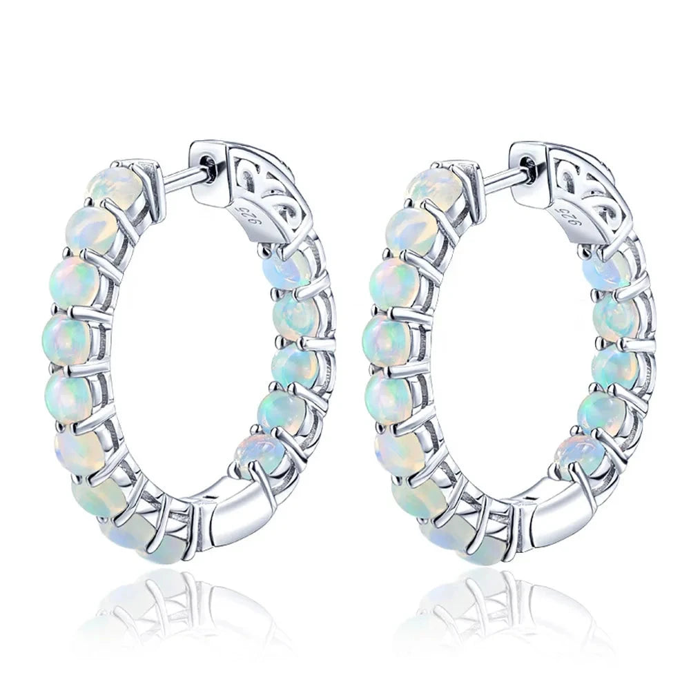 Round-cut Natural Opal Gemstone Huggie Earrings-Black Diamonds New York