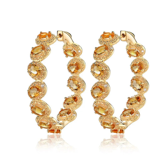 Oval-cut Natural Citrine Gemstone Vintage Hoop Earrings-Black Diamonds New York