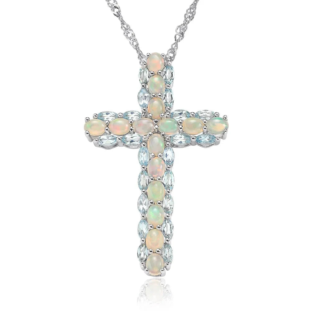 Oval cut Created Opal & Multi Gemstones Cross Pendant Necklace-Black Diamonds New York